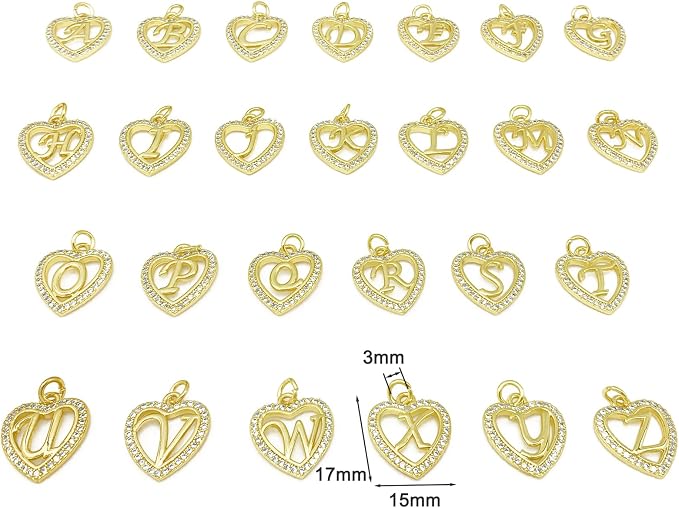 26pcs Heart-Shaped Initial Charms 18K Gold Plated Brass Cubic Zirconia A-Z Alphabet Letter Pendants for Making Jewelry Name Necklace Bracelets Gift Craft