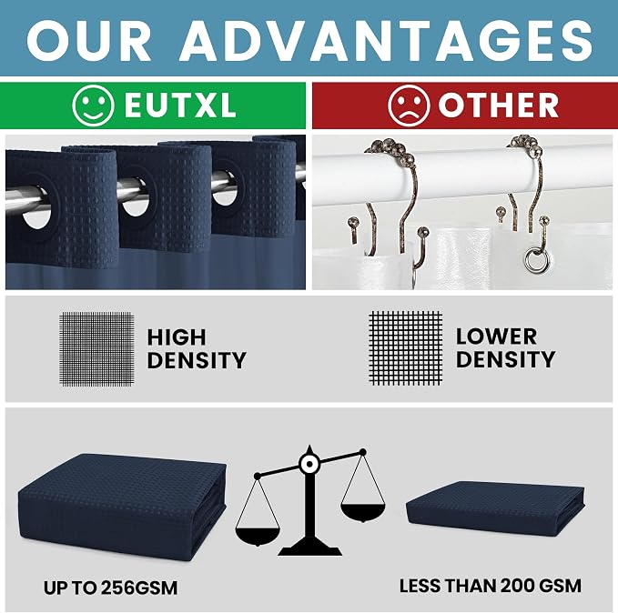 EUTXL Heavyweight Navy Blue Stall No Hook Shower Curtain with Snap in Liner,256GSM Waffle Weave Shower Curtains for Bathroom,54W x 80H