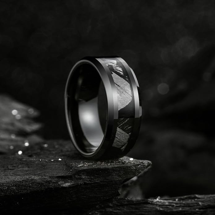 King Will Black Tungsten Wedding Band For Men, 8mm Promise Ring Inlay Red Twill Pattern/Colorful Wood Chips, High Polished Beveled Edge - Suitable For Daily Wear, Comfort Fit Size 7-14