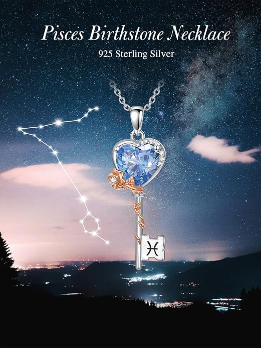 OCJ Zodiac Necklace for Women 925 Sterling Silver Rose Flower Key Pendant Necklaces Zodiac Birthstone Jewelry Wife Birthday Anniversary Christmas Gifts for Her