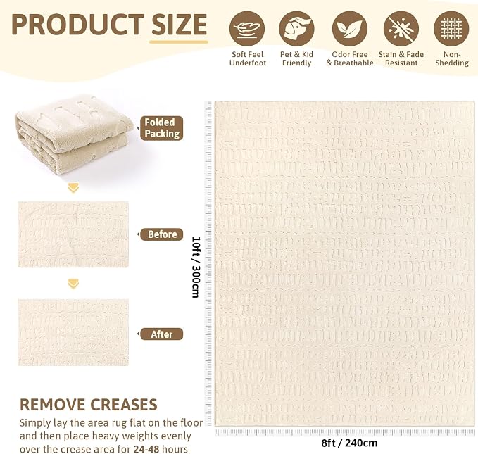 Yamaziot 8x10 Washable Area Rug, High-Low Grid Textured Living Room Rugs, Soft Fluffy Non-Slip Mats Stain Resistant Contemporary Bohemian Carpet for Dining Room, Kids Nursery Room, Bedroom, Office