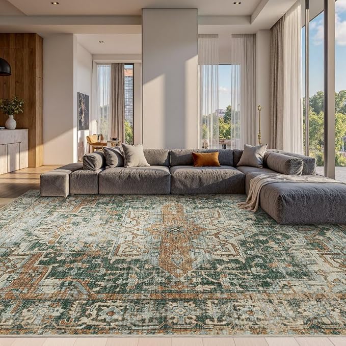 Rugxara 10x14 Area Rugs for Living Room Large Washable Rug, Green/Brown | Non Slip, Rug for Bedroom Dining Room Office Farmhouse, Stain Resistant, Soft, Low Pile, Vintage Boho Carpet, Home Decor