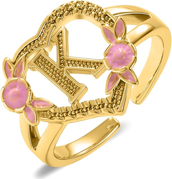 Gold Initial Rings for Women - Non Tarnish Dainty 14K Gold Plated Heart Adjustable Letter Rings for Women, Stackable Cute Thumb Pinky Fashion Open Simple Birthday Gifts Jewelry