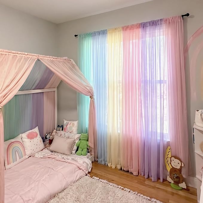 12 Panels Pastel Rainbow Backdrop Curtains Sheer Curtain Panel,Bright Color | 59x86 Inch, Colorful Curtains Drapes for Kid, Unicorn Baby Shower, Birthday Party, Window Classroom Decoration, Photography