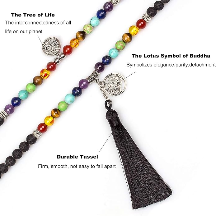 108 Mala Beads Necklace 7 Chakra Tree of Life Pendant Prayer Buddha Bracelets Healing Stone Yoga Men Women Jewelry