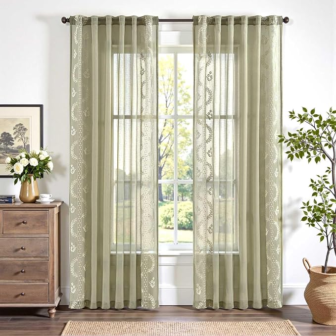 jinchan Belrose Sage Green Floral Sheer Curtains for Living Room 84 Inch Long Voile Embroidered Farmhouse Curtains for Bedroom Ivory Flower Patterned Rod Pocket Window Treatments, 2 Panels Green