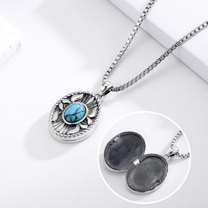 925 Sterling Silver Oval Turquoise Lockets Pendant that Holds Pictures Vintage Jewelry Memorial Gifts for Women