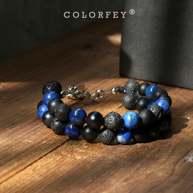 Mens Crystal Bracelets Healing Bracelet Authentic Mens Bead Bracelet Real Lapis Lazuli Lava Onyx Stone Bracelets for Men, Handmade Stainless Steel Adjustable Chain Men Jewelry for Him