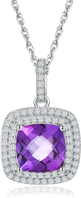 Birthstone Necklace for Women 925 Sterling Silver Cushion/Pear Cut Created Gemstone Halo Pendant Necklace Birthstone Jewelry