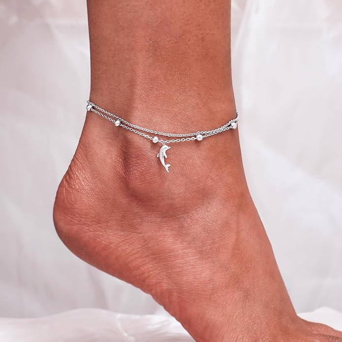 CHIC & ARTSY 925 Sterling Silver Ankle Bracelets for Women, Adjustable Layered Foot Chains with Nature & Symbol Charms, Lightweight Comfort Fit Boho Beach Everyday Jewelry