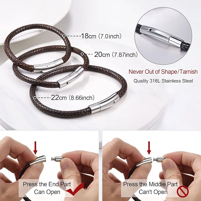 FOCALOOK Braided Leather Bracelets for Men, Black/Brown Stainless Steel Engraved Inspirational Bangle Cuff Bracelet with Clasp, Valentines Day Gifts for Him Husband Friends