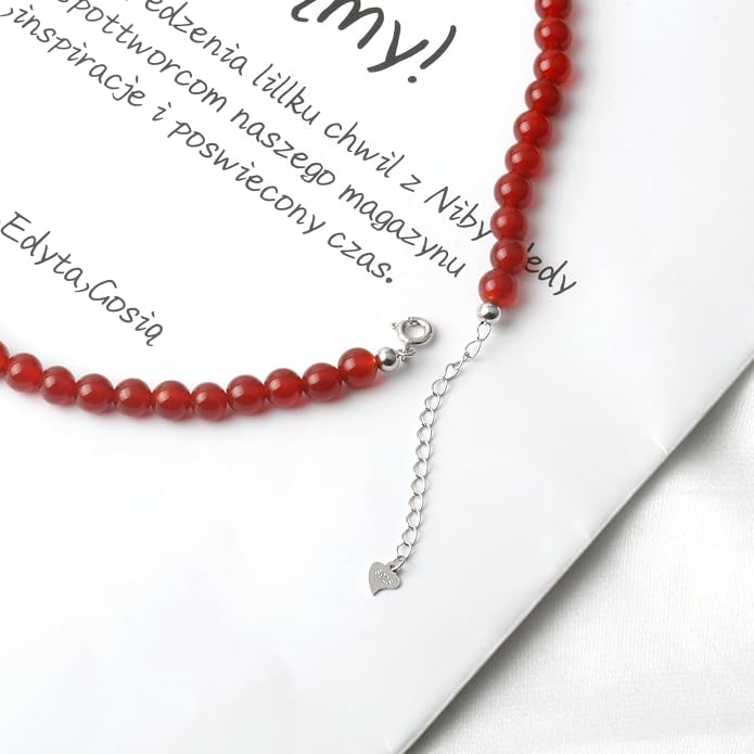 Kakikaki Natural Agate Choker Necklace Sterling Silver Round Beads Strand Necklace for Women