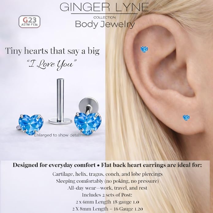 Titanium Heart CZ Labret Stud Earrings for Piercings by Ginger Lyne 6Pc Set G23 Screw Front Flat Back Body Jewelry 2 pair post 6mm, 8mm Cartilage, Helix, Tragus, Lip, Conch, Lobe