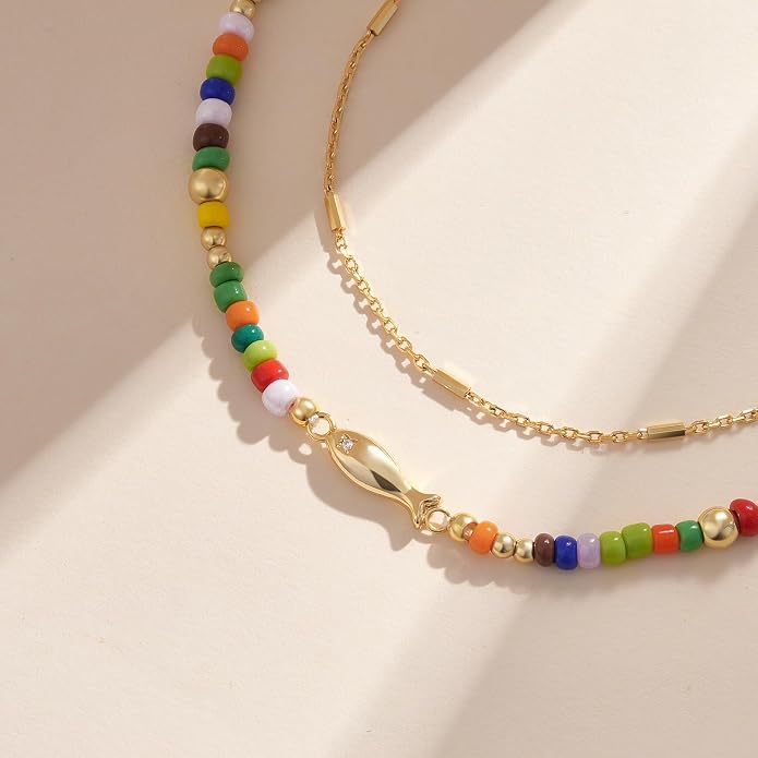 KELORIS PATH Layered Ankle Bracelets for Women, Beaded Anklets with 14K Gold Fish Adjustable Summer Waterproof Handmade Jewelry