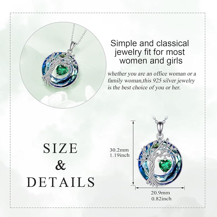 POPLYKE Mothers Day Gifts for Mom Her Wife Tree of Life Necklace 925 Sterling Silver Birthstone Pendant with Crystal Anniversary Birthday Wedding Jewelry for Women