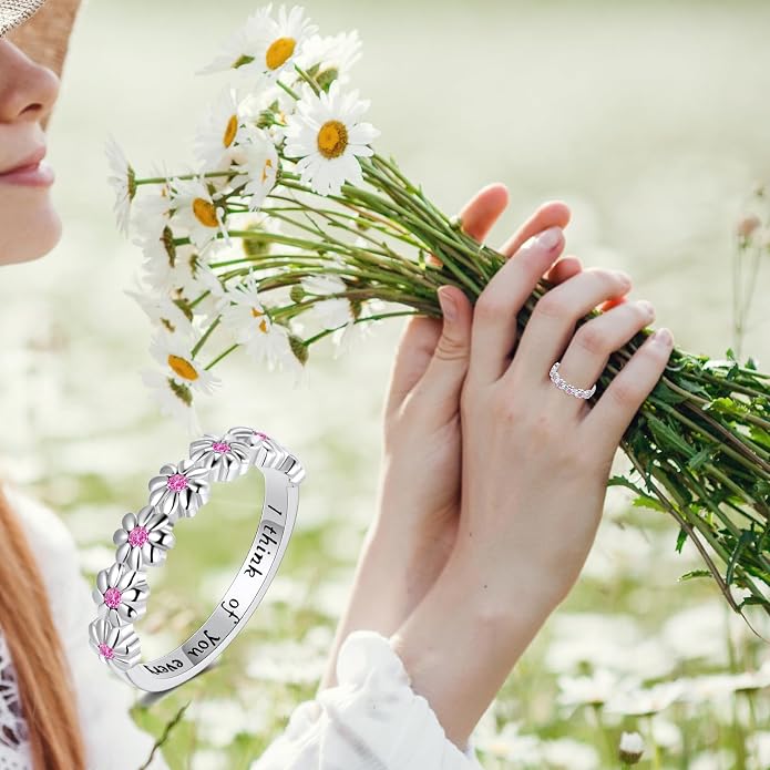 Dainty Daisy Ring for Women, S925 Sterling Silver Cubic Zirconia Sunflower Flower Ring For Daughter, I Think Of You Every Daisy Ring, Birthstone Flower Ring