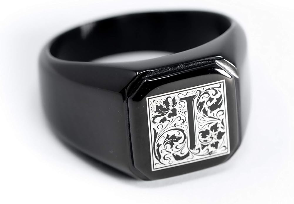 Jewelry | Stainless Steel Letter Alphabet Initial Ring | Square Flat Top Ring for Men & Women | Stainless Steel Jewelry, (Black, Gold, Silver), Size 7-16