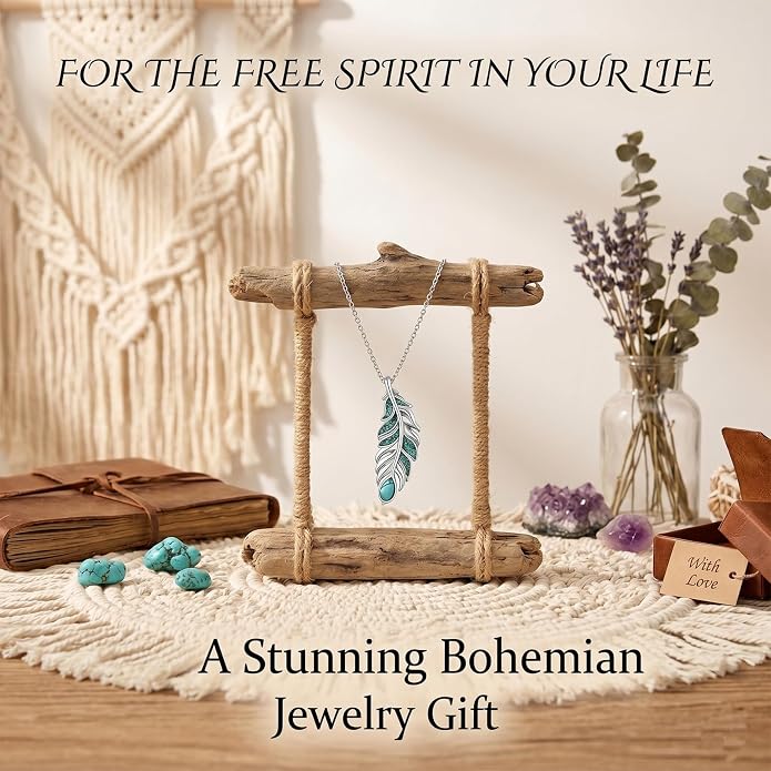 Feather Necklace White Gold Boho Jewelry Nature Inspired Statement Birthstone Pendant Gifts for Women