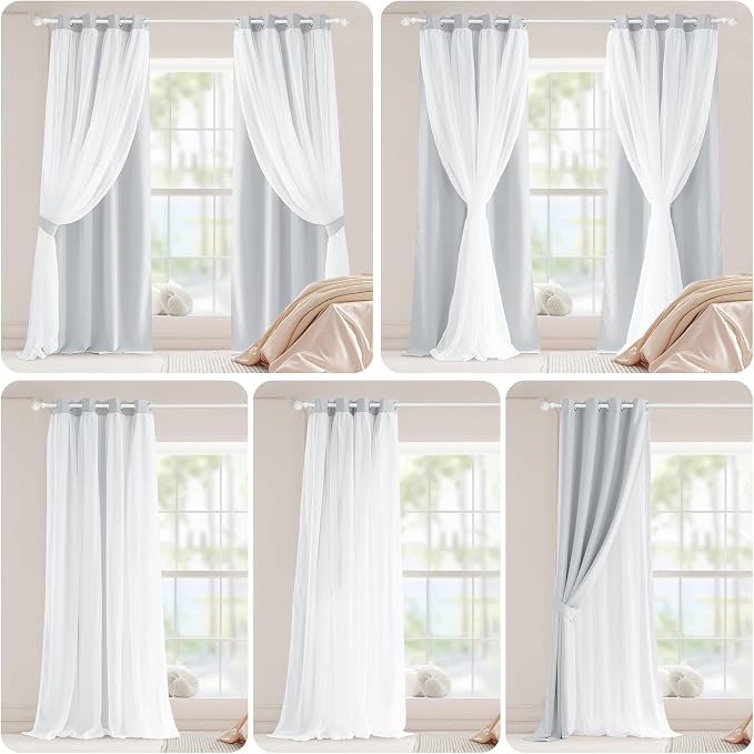 Pony Dance Double Layer Curtains - White Curtains 84 inches Long with Sheer Overlay Nursery Panels for Bedroom/Living/Dining Room, 52 W by 84 L, Greyish White, 2 Pieces
