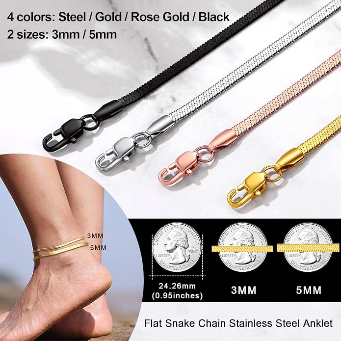 FOCALOOK 14K Gold Plated Anklets for Women Waterproof Plus Size Ankle Bracelet 8.5-10.5 Inch Adjustable Mariner/Figaro/Flat Snake/Cuban Link Chain Anklet Jewelry for Summer Beach Holiday