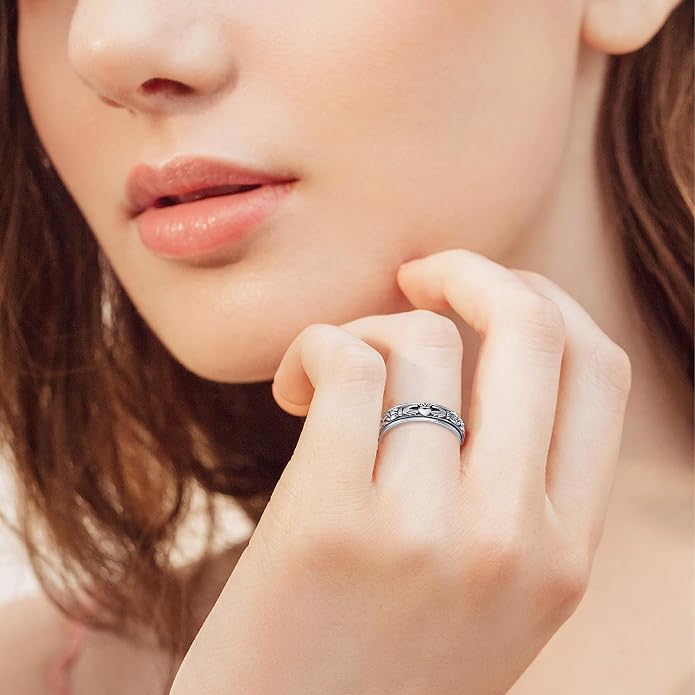 Fidget Spinner Rings 925 Sterling Silver Claddagh Celtic Knot/Moon Star Anxiety Ring Irish Claddagh Jewelry Gifts for Women Girls Men