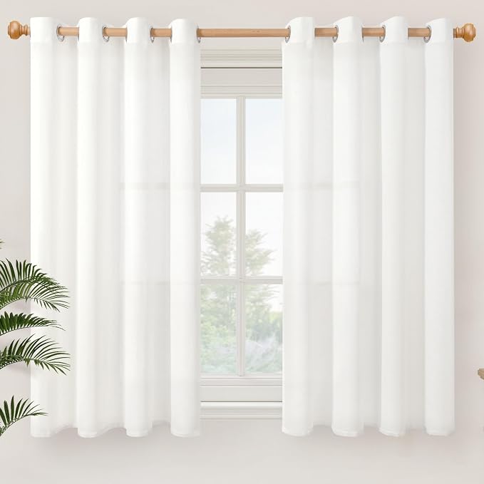 YoungsTex White Linen Semi Sheer Curtains 45 Inch Length for Kitchen Windows, Short Drapes Lightweight with Grommet Light Filtering Textured for Bedroom Cafe Bathroom, 2 Panels, 52 X 45 Inch