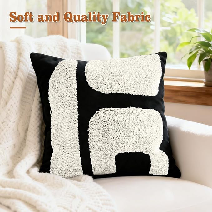 LandIdyll 2 Pcs Black and Cream Chunky Tufted Pillow Covers 18 x 18 Inch Boho Black and White Throw Pillow Covers Set Decorative Modern Abstract Geometric Pillowcase for Living Room Bed Couch Sofa
