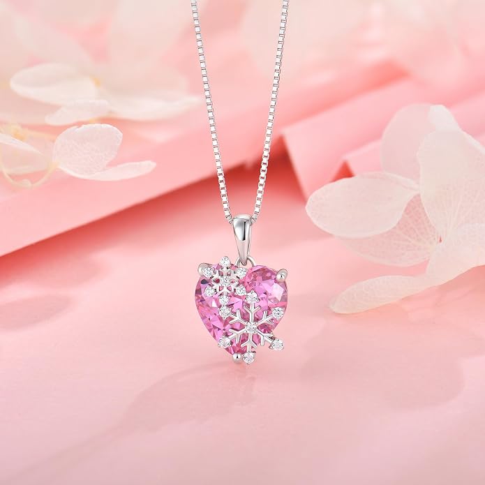 Snowflake Necklace for Women 925 Sterling Silver Heart Birthstone(White/Aquamarine/Sapphire/Pink) Pendant Necklaces Cubic Zirconia Winter Christmas Jewelry