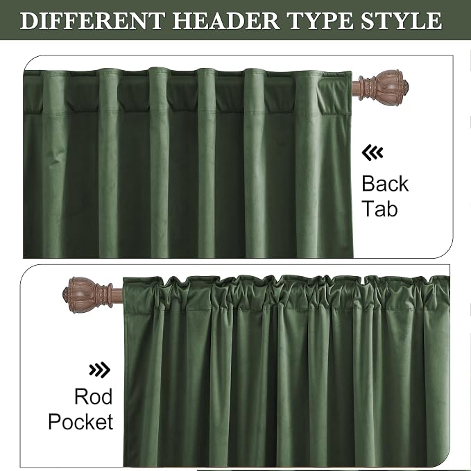 RYB HOME Army Green Velvet Curtains for Bedroom Living Room, Thermal Insulated Privacy UV Heat Blocking Luxurious Soft Rod Pocket Back Tab Drapes for Nursery, 52" W x 120" L, 2 Panels