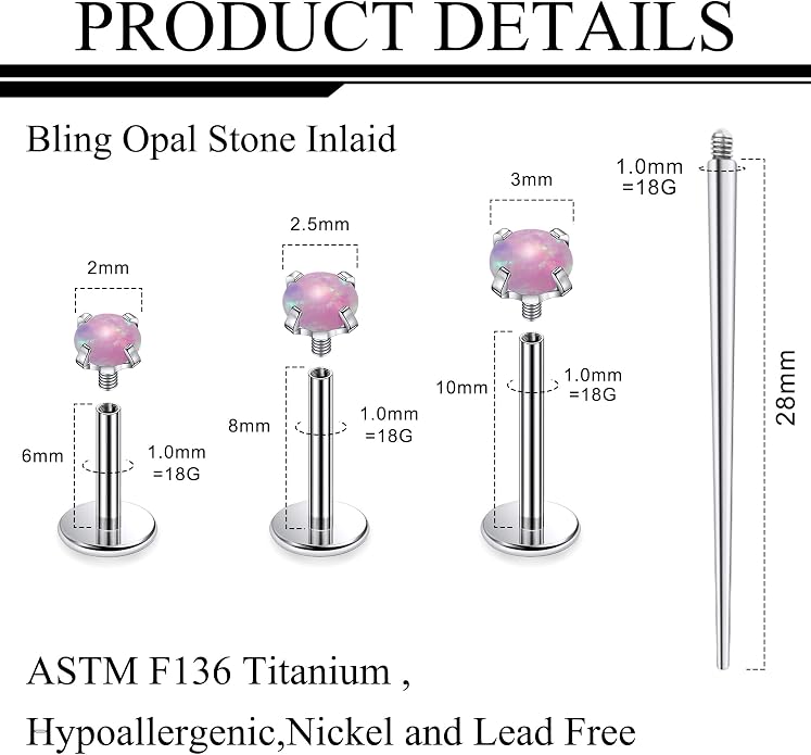 Ruifan Titanium Flat Back Lip Rings Externally Threaded Earrings Studs Nose Rings 20G 18G 16G Round Opal Tragus Cartilage Lobe Rook Helix Conch Labret Medusa Piercing Jewelry for Women Men