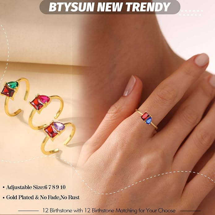 Birthstone Rings for Women, Non Tarnish Gold Rings 2026 Graduation Gifts Birthday Gift Trendy Teen Girl Stuff Dainty 14K Plated Adjustable CZ Stacking Promise Ring Anniversary Jewelry for Friend Sister Girlfriend Daughter