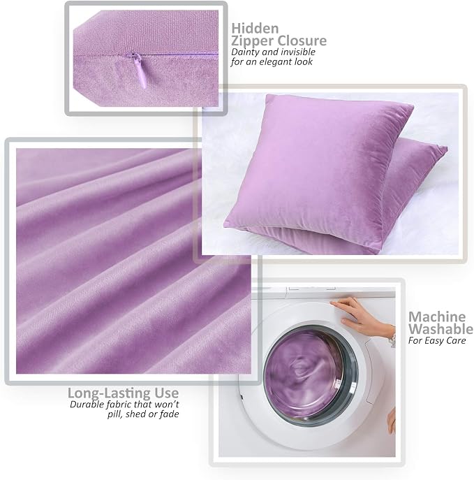Nestl Throw Pillow Covers, Cozy Velvet Decorative Outdoor Pillow Covers 18X18 Inches, Soft Solid Cushion Covers for Sofa, Bed and Car, Set of 4 - Lavender