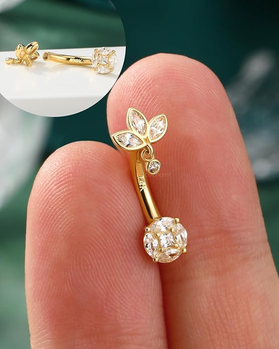 COCHARM 14K Gold Belly Button Rings 14G Dangle lotus Belly Navel Rings for Women 14K Gold Belly Navel Piercing Jewelry 10MM Barbell