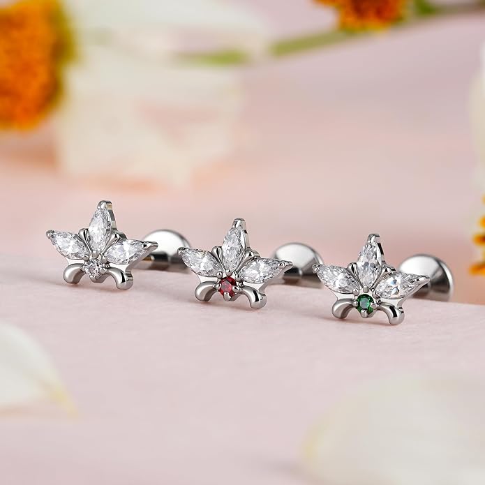 FINE4U ASTM F136 Titanium Piercing Jewelry Stud - 16G 6mm 8mm Triple Marquise Lotus Flower Cartilage Earring, Hypoallergenic Flatback Bridal Jewelry