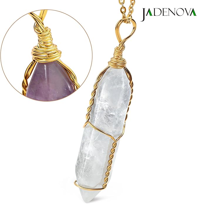 JADENOVA Full Wire Wrapped Energy Healing Crystal Gemstone Pendant Necklace 18" Stainless Steel Chain