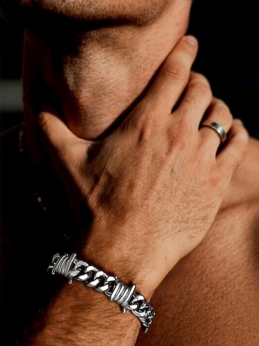 Bestyle Barbed Wire Bracelets 7/9mm Thick Heavy Men Hand Chain Unisex Stainless Steel/Gold/Black Cuban Chain Bracelet Punk Gothic Bracelets for Men Women