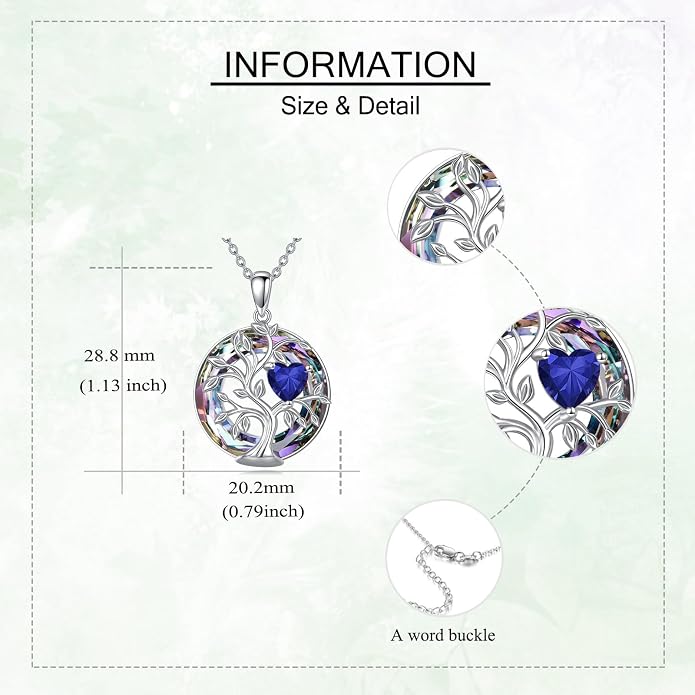 Tree Of Life Birthstone Necklace 925 Sterling Silver Crystal Family Tree Pendant Necklaces Heart Birthstone Jewelry For Women Female Anniversary Birthday Gifts