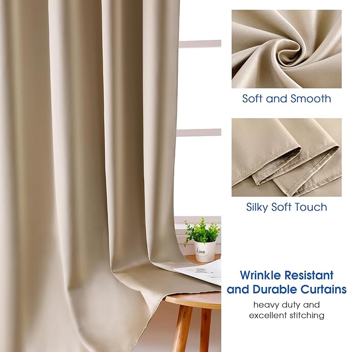 HOMEIDEAS 2 Panels Beige Faux Silk Blackout Luxury Curtains, 52 X 96 Inch Champagne Gold Room Darkening Satin Thermal Insulated Vintage Window Drapes for Bedroom Decor, Indoor