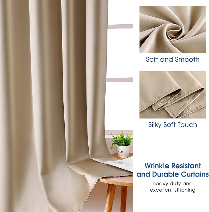 HOMEIDEAS 2 Panels Beige Faux Silk Blackout Luxury Curtains, 52 X 108 Inch Champagne Gold Room Darkening Satin Thermal Insulated Vintage Window Drapes for Bedroom Decor, Indoor, Living Room