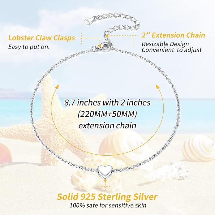 ChicSilver Personalized 925 Sterling Silver Tiny Heart/Moon/Star/Sun/Dot/Triangle Anklets Simple Dainty Foot Jewelry for Women, Silver/Gold Plated/Rose Gold Plated