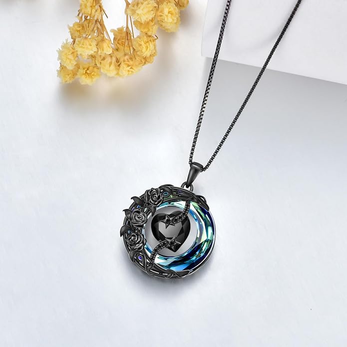 TOUPOP Birthstone Necklace 925 Sterling Silver Moon and Star Pendant Celtic Moon Jewelry with Blue Crystal Anniversary Birthday Gifts for Women Mom Wife Her