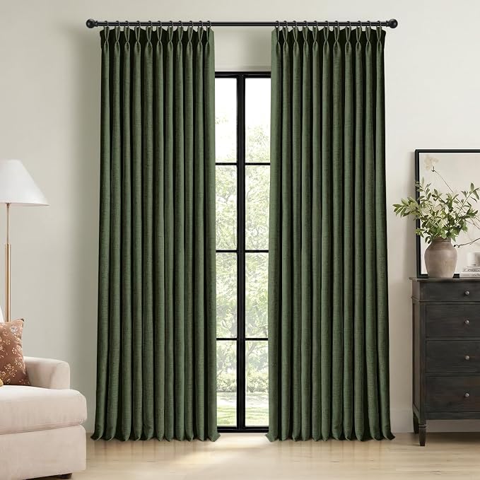 CAPALOCA Loden Green Linen Pinch Pleated Curtains Blackout, 100% Black Out Curtains 90 inch Long for Bedroom, Blackout Thermal Insulated Pinch Pleated Drapes for Living Room, 40" W x 90" L, 2 Panels