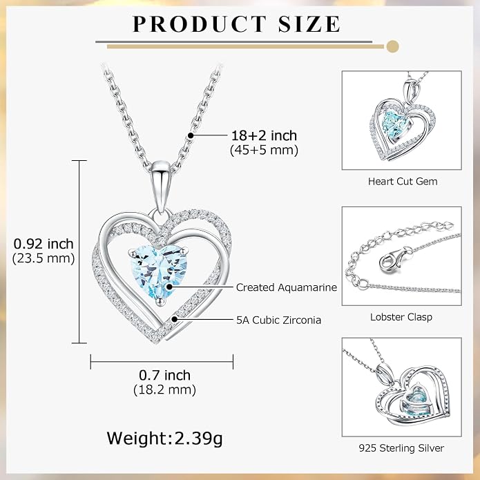 Anniversary Charm Necklace, Sterling Silver 14K Gold Plated Chain with Interlocking Heart Pendant Elegant Birthstone Necklaces for Women, Length 18"