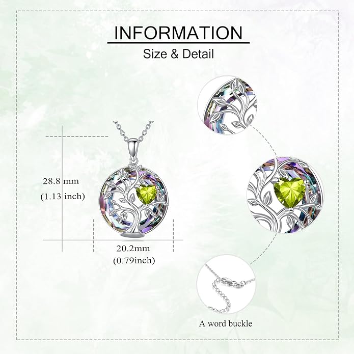 Tree Of Life Birthstone Necklace 925 Sterling Silver Crystal Family Tree Pendant Necklaces Heart Birthstone Jewelry For Women Female Anniversary Birthday Gifts