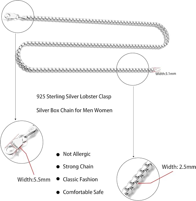 925 Sterling Silver Rope Chain Necklace For Men Women 2.5mm Silver Chain With Lobster Clasp 16-30 Inches