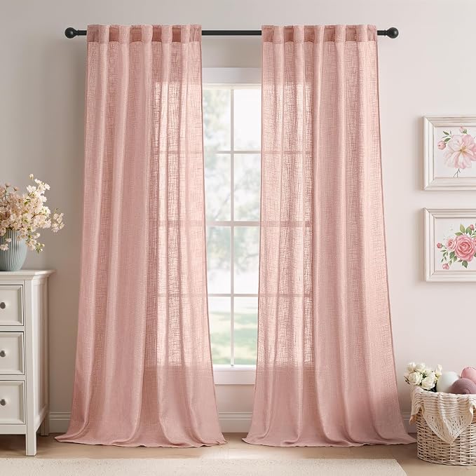 MIULEE Blush Pink Linen Curtains 96 Inches Long 2 Panels for Bedroom, Soft Thick Linen Textured Window Drapes Semi Sheer Light Filtering Back Tab for Living Room Light Pink Decor