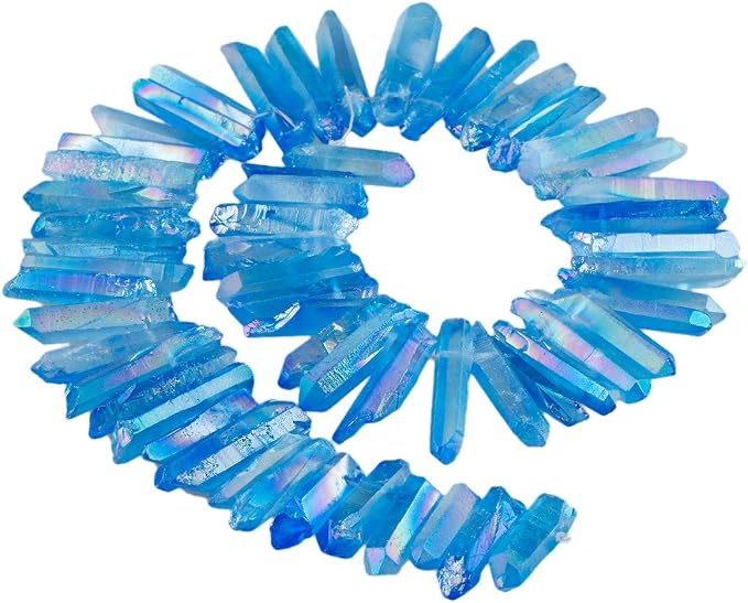 SUNYIK Blue Crystal Points Titanium Coated Quartz Rough Sticks Spikes Point Beads 15 inch Strand Drilled