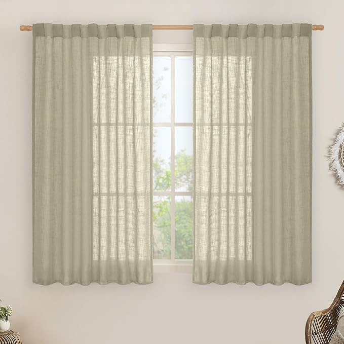 LAMIT Semi Sheer Linen Curtains 45 Inches Long, Light Filtering Panels Back Tab and Rod Pocket Country Decor Drapes for Farmhouse/Window/Bedroom, Oatmeal, 2 Panels, 52 x 45 Inch