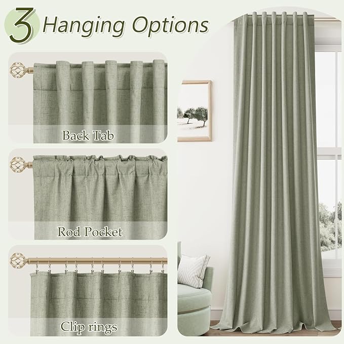 Sage Green 100% Blackout Linen Curtains 42 Inch Wide by 90 Inch for Living Room Bedroom Back Tab/Rod Pocket Thermal Insulated Black Out Drapes Room Darkening Farmhouse Window Curtains