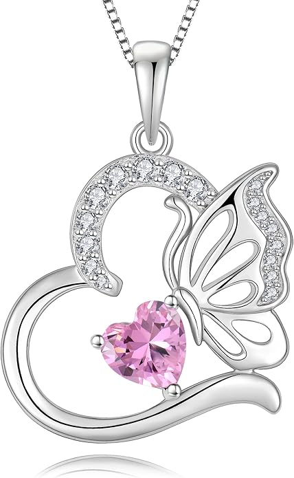 Butterfly Necklace for Women 925 Sterling Silver Heart Pendant Birthstones Jewelry Gift